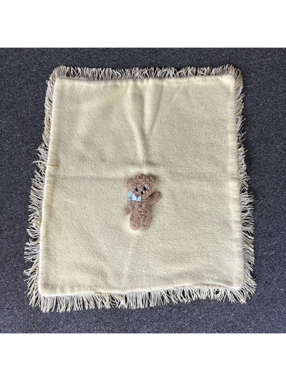 Vintage Courtelle Fleece Fringed Baby Blanket Yellow Teddy Bear Small 23" x 25"